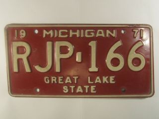 License Plate Car Tag 1971 Michigan Rjp 166 [z289]