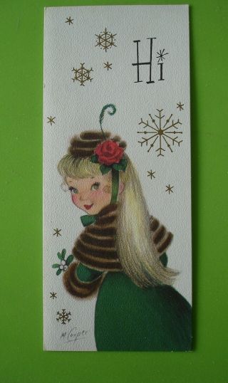 Vtg.  Rust Craft Christmas Card - Pretty Blonde Girl Wearing Fur - M.  Cooper