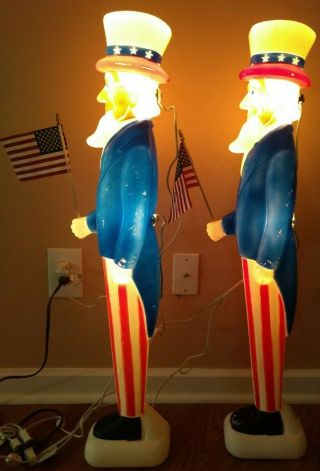 2 Rare Double Lighted Uncle Sam Blow Molds W/ Flags Don Featherstone July 4th