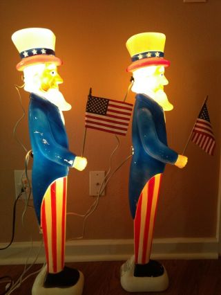 2 Rare Double Lighted Uncle Sam Blow Molds w/ Flags Don Featherstone July 4th 2