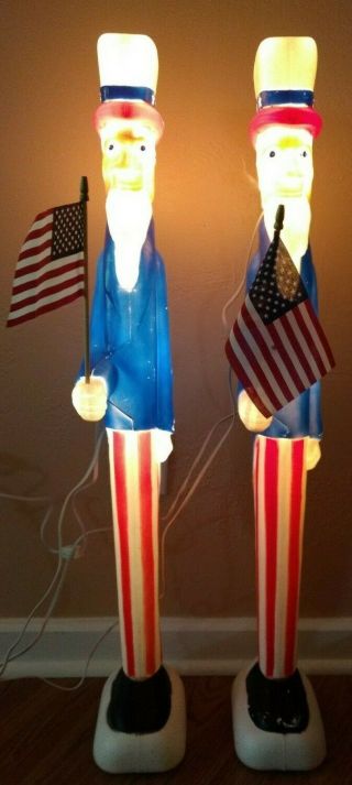 2 Rare Double Lighted Uncle Sam Blow Molds w/ Flags Don Featherstone July 4th 3
