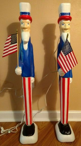 2 Rare Double Lighted Uncle Sam Blow Molds w/ Flags Don Featherstone July 4th 7