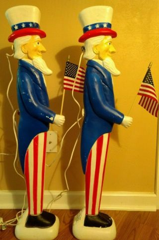2 Rare Double Lighted Uncle Sam Blow Molds w/ Flags Don Featherstone July 4th 8