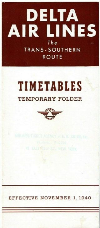 Delta Airlines Timetable Schedule 1940