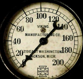 Vintage Viking Mfg 200 PSI Pressure Gauge Jackson Michigan,  US Gauge Co.  USA 2