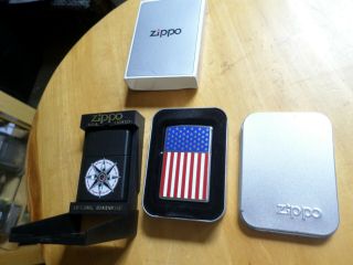2 Zippo Cigarette Lighter Usa W/case American Flag North South East West
