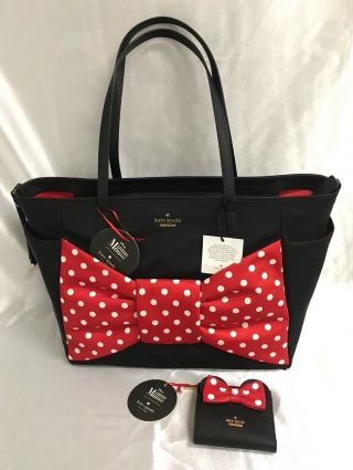 Disney Parks Kate Spade Tote Black With Wallet Minnie Mouse Red Bow Bag Cute
