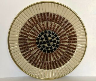 Vintage 9.  75” Mid Century Modern Mosaic Tile Plate Cream Brown Black On Brass