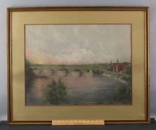 Antique Signed Pastel Drawing,  Georgetown Key Bridge Potomac Washington Dc