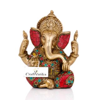 Lord Ganesha Statue God Ganesh Blessing Ganpati Brass Sitting Figurine Decor