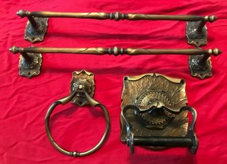 4pc Vtg Amerock Carriage House Antique Brass Towel Bars Ring Toilet Paper Holder