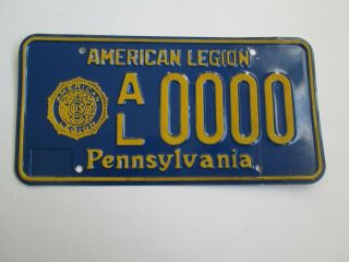 Vintage Pennsylvania Al American Legion All Zero Number License Plate Al - 0000
