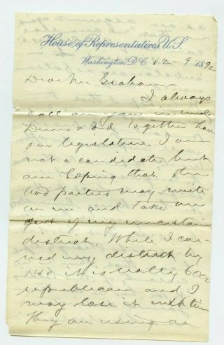 Handwritten Signed Letter Dated 1892 From Congressman William Jennings Bryan