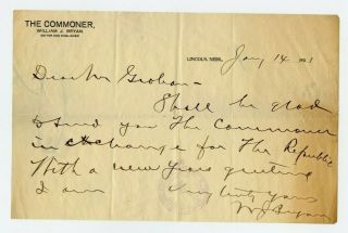 Handwritten Signed Note Dated 1901 From Congressman William Jennings Bryan