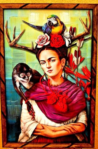 Art Print/painting Mexico Frame Frida Kahlo " Broken Hearth " Parrot 17 " X 13 " Larg