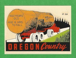 Vintage 1948 Souvenir " Oregon Country " Old Growth Timber Decal Art