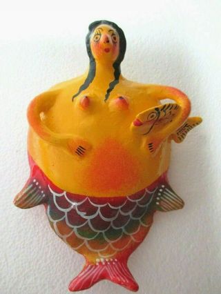 Mexican Folk Art Hand Painted Coconut Shell Mermaid Fish Wall Mask