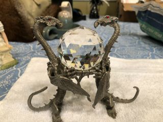 Fine Pewter Dragons Holding A Cut Crystal Ball Fantasy Dungeons Collectibles