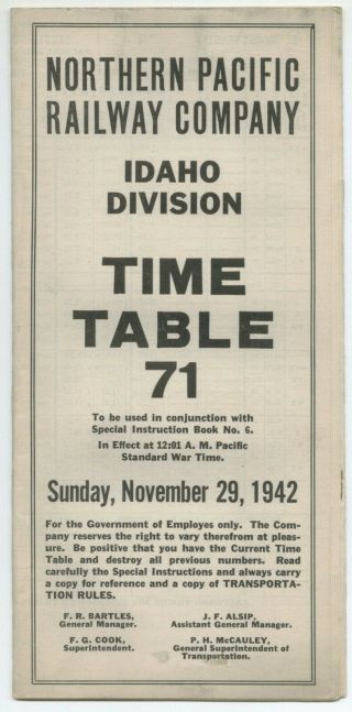 Northern Pacific Railway Company Idaho Division Employes Time Table Nov.  29,  1942