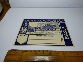 Rare Pre - War Imperial Airways Ltd Basle Luggage Label