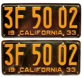 California 1933 License Plate Pair,  3f 50 02,  Dmv Clear,  Paint,