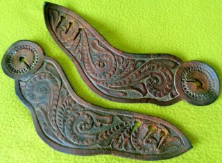 Outstanding Antique Dove Wing Floral Tooled Wide Leather Buckaroo Spur Straps Nr