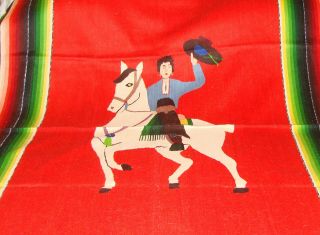 Rare Caballera & Horse Vintage Mexican Saltillo Serape Fine Weave Blanket 1930s