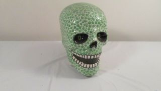 1992 Handmade 8 3/4 " Green White & Black Ceramic Vintage Skull