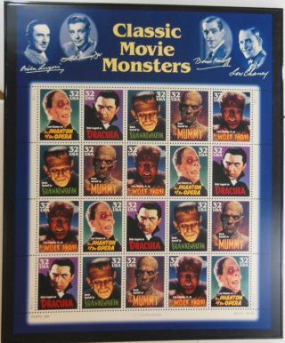 30 " X 36 " Framed Poster Of Classic Movie Monsters Stamps 1996