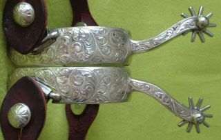Fleming Vintage Gorgeous Engraved Sterling Silver Show Spurs Long Curve Shank Nr