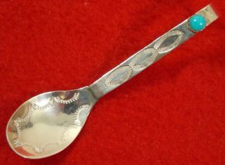 Small Signed Sterling Silver Baby Spoon Turquoise Stone Navajo?