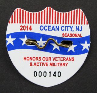 Rare 2014 Ocean City,  Nj Seasonal Veteran & Active Military Beach Tag / Badge