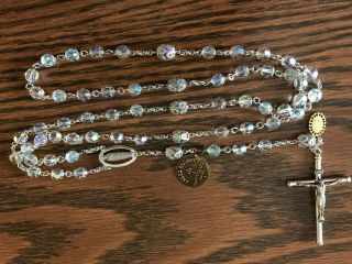 Vintage Creed Rosary,  Sterling Silver,  Gorgeous Ab Crystal Beads,  Extra Medal