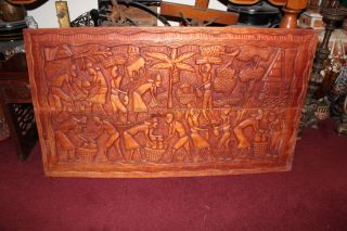 Large Vintage Haitian African Wood Carving Wall Art - Farmers Fields