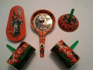 5 Vintage Halloween Tin Party Noisemakers Us Metal Toy