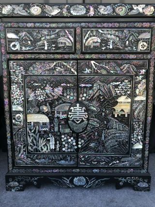 Vtg Rare Black Lacquer Mother Of Pearl Inlay Asian Chinese Jewelry Cabinet