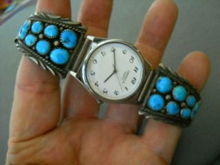 Southwestern Native American Turquoise Cluster Sterling Silver Watch Bracelet