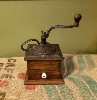 Antique Vintage Tabletop Coffee Bean Grinder.  Wood And Cast Iron.  Great