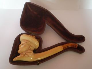 Stunning Antique Meerschaum Pipe Young Lady In Hat Design With Fitted Case