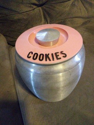 Vintage Kromex 1950’s Aluminum Covered Cookie Jar Canister Pink Lid Version Mcm