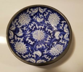 Vintage Bowl Japanese Porcelain Ware Decorated In Hong Kong Pewter Encased