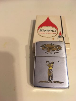 Vintage 1968 ? Zippo Cigarette Lighter Engraved Golf Shot Golfer Cup Flag Box