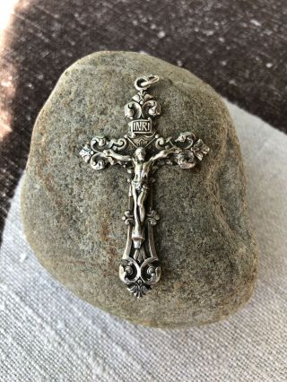 Antique Victorian Big Cross Crucifix French Sterling Silver Rosary 1800s