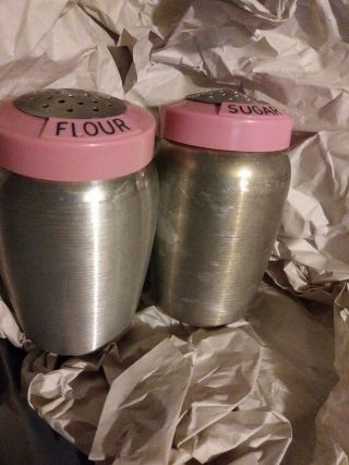 Vtg Mcm Kromex Aluminum Canister Set With Flour Sugar Shakers Pink Top Rare