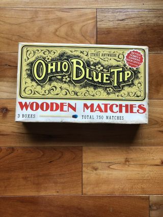Vintage 1970 Ohio Blue Tip Wooden Matches - 3 Boxes Strike Anywhere