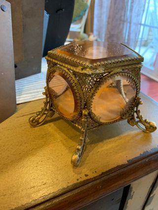 Vintage Gilded Gold Filigree Bronze Casket Jewelry Box,  Amber Glass
