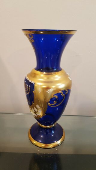 Jewish Murano Glass Vase Sergio Zane Blue Gold Hanukkah Menorah Judaica Hebrew 2