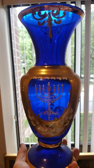 Jewish Murano Glass Vase Sergio Zane Blue Gold Hanukkah Menorah Judaica Hebrew 7