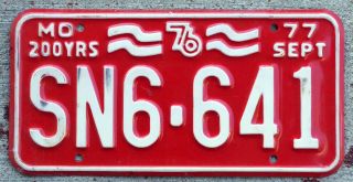 White On Red 1976 - 1977 Missouri Bicentennial License Plate