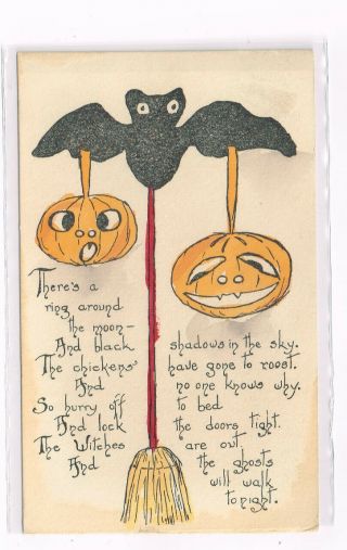 Halloween Picture Postcard (d) 1913 Card,  Pumpkin Flying On The Wings Of Bat